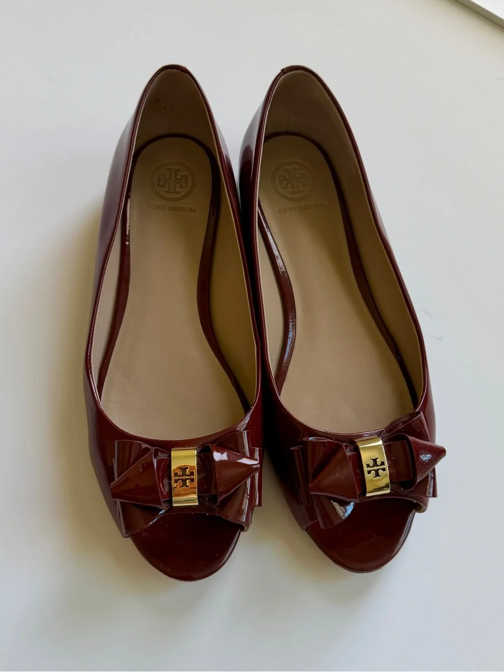 Tory Burch Maroon Patent Peep-Toe Bow Flats with Gold Logo Accent
